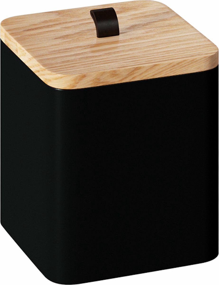 5Five Wattendispenser - zwart - kunststof - bamboe - 9 x 9 x 10 cm - wattenstaafjeshouder