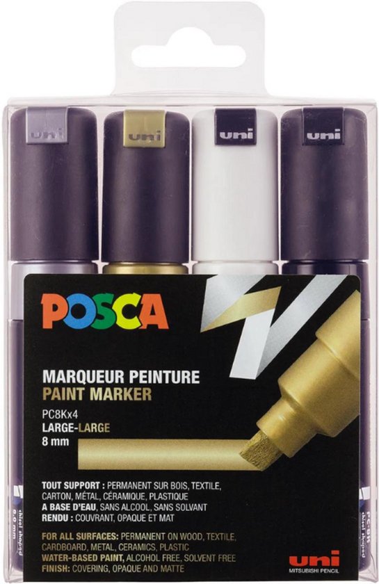 Posca stiften set 8K wit/zwart/goud/zilver