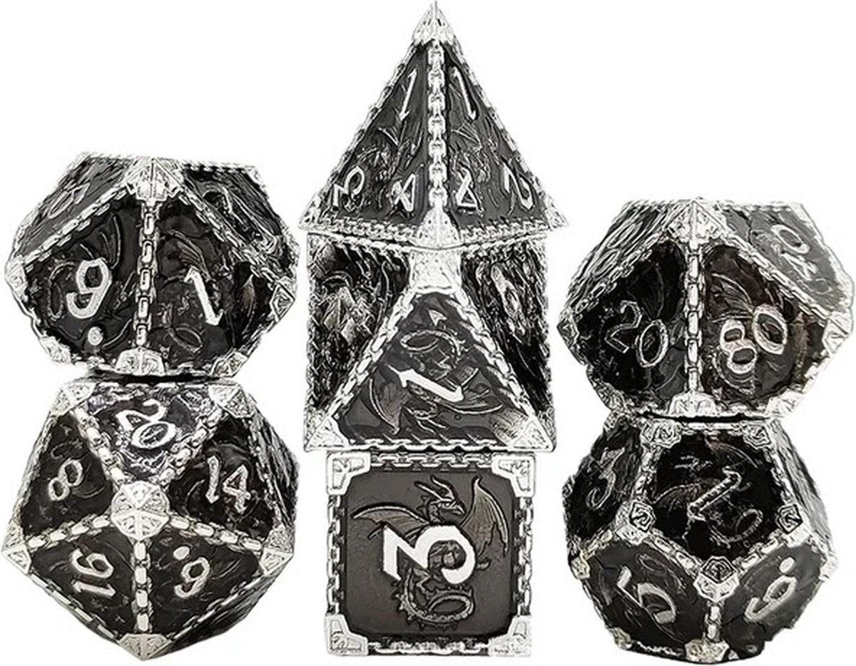 Lapi Toys - Dungeons and Dragons dobbelstenen - DnD Dice - Polydice - Dobbelstenen Dungeons Dragons - Metal dice - Metalen Dobbelstenen - DnD Dice Set - 1 set (7 stuks) - Metaal - Zwart - Zilver
