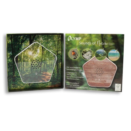 Olymp Sounds of Nature Box met bosafbeelding in een verpakking met een houtnerfprintdoos ernaast.