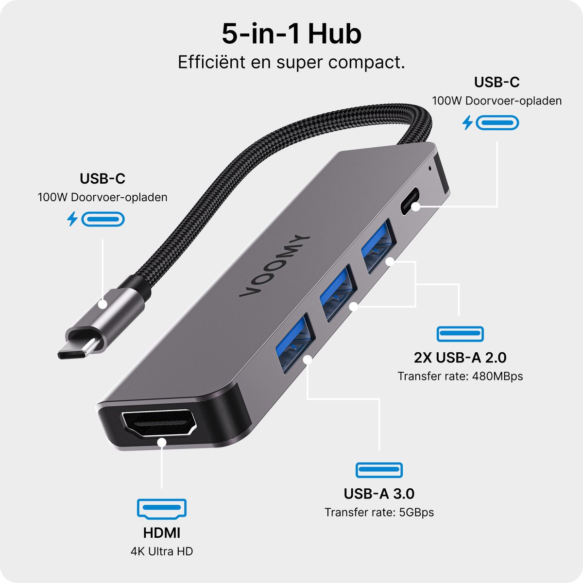 Voomy 5-in-1 USB-C Hub – 4K HDMI, USB-C 100W PD, USB-A 3.0 & 2x USB-A 2.0, aluminium docking station - Afbeelding 2