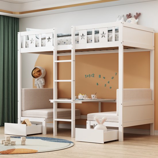 Sweiko Kinderbed, Stapelbed 200x90 cm, bed/bureau twee in één, Zelfinstallerend, met Twee grote lades, bedframe met ladder, houten bed, wieg, Wit (Geen matras)