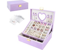foto van Sieradendoos organizer - 2 lagen - fluwelen sieradenopbergkoffer - met spiegel - groot afneembaar vak - sieradenorganizer - voor ringen oorbellen armbanden kettingen - paars - luxe design