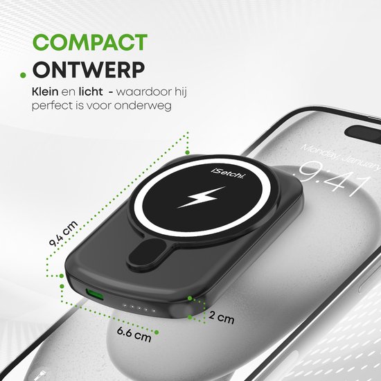 iSetchi Magsafe Power Bank 10 000 mAh - Klein taille - Magnétique et sans fil - Pour iPhone 12 & 13 - Chargeur de batterie sans fil