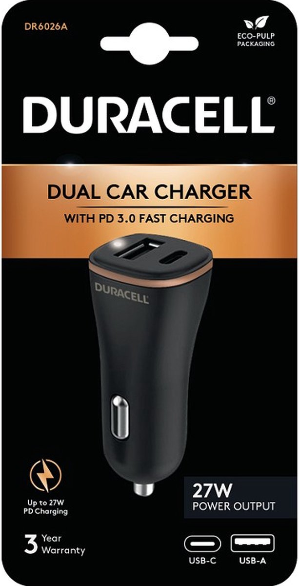Duracell 27W USB-C en USB-A Power Delivery Autolader Zwart