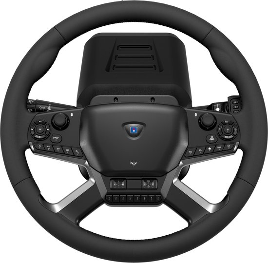 Bovenaanzicht van een zwart Hori Force Feedback stuurwiel met bedieningsknoppen en een blauw logo.