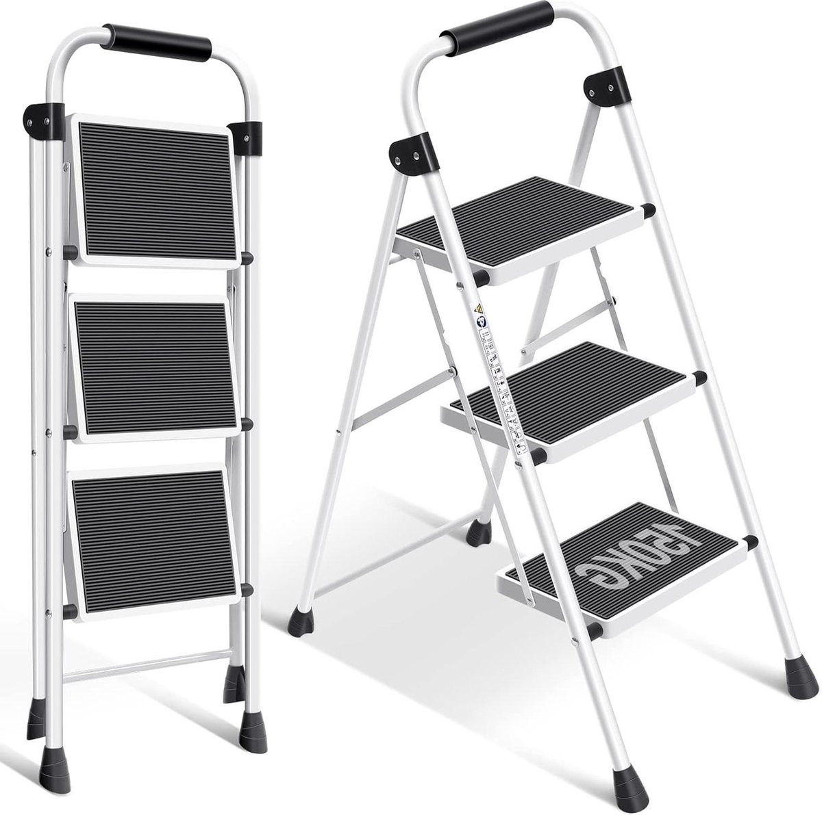 Trap Ladder 3 Treden met Leuning Draagbare Vouwladder Vouwtrap met Antislip Voeten Breed Trapje Lichte Opstapkruk Inklapbaar Stabiel Huishoudtrap voor Thuis Keuken Kantoor Wit