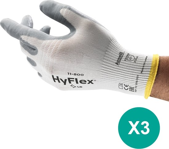 HyFlex® 11-800 - Werkhandschoen, DIY, Garage, Montage, M, Wit, 3 paar