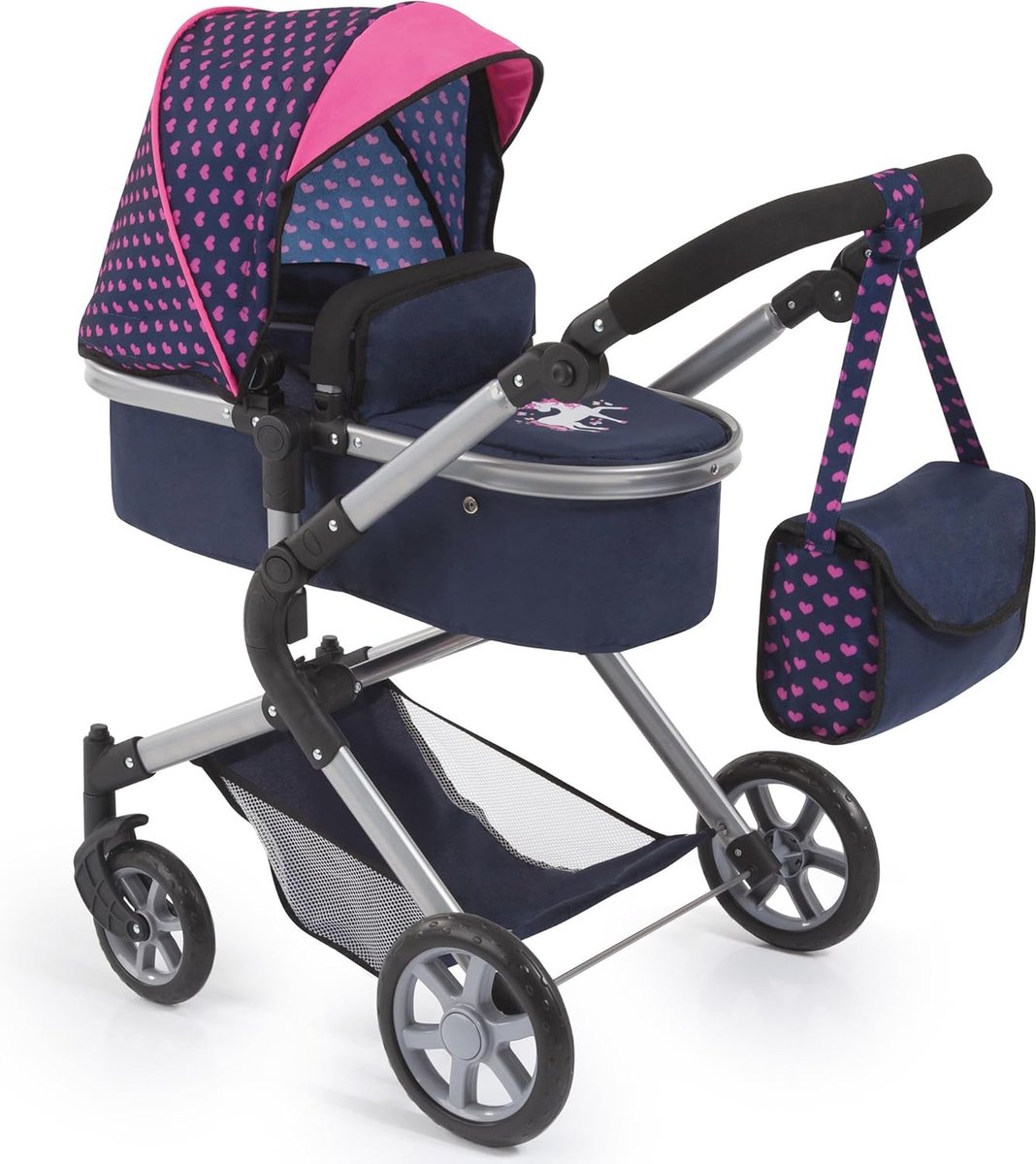 City Neo Poppenwagen met Verstelbare Duwstang en Tas - Blauw en Roze Eenhoorn