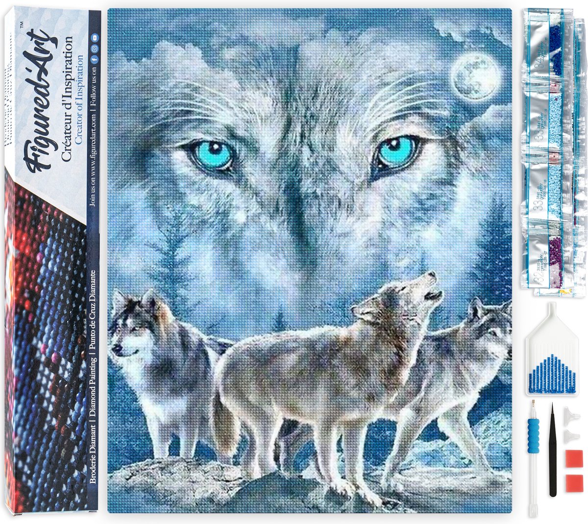 Figured'Art Diamond Painting set Volwassenen 40x50 cm Roedel wolven - 5D DIY Art full drill vierkante diamant - Opgerold canvas