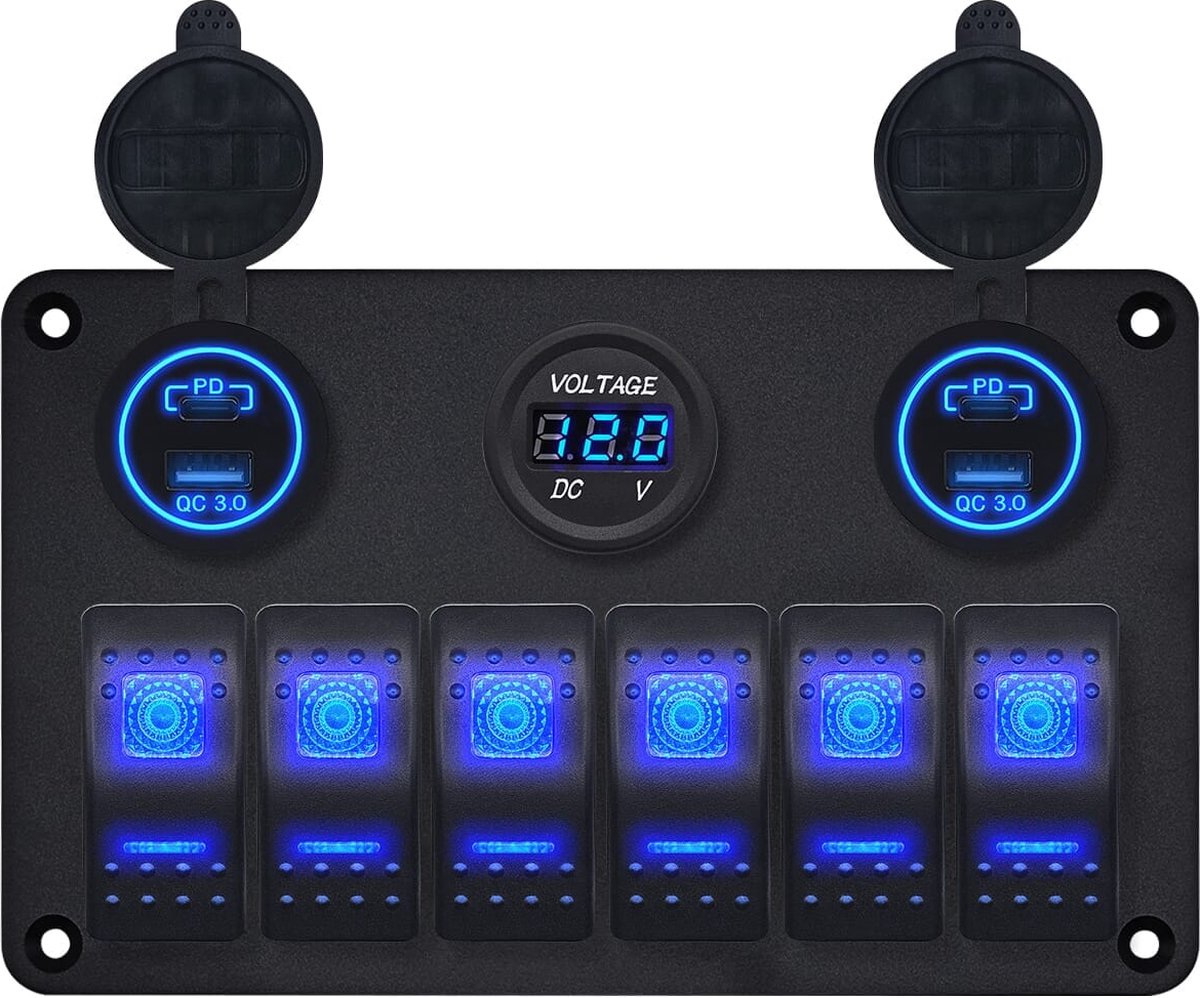 ProRide Schakelpaneel 12V voor Auto/Boot - USB Lader 4 poorten met Voltmeter - QC3.0 - 6 Schakelaars