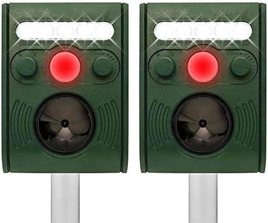 Ultrasone kattenverjager op zonne-energie, IPX5 waterdicht, USB-oplaadbaar, met bewegingssensor, 5 frequentiebereiken en rode knipperlichten, vogelverschrikker voor katten, honden, vogels