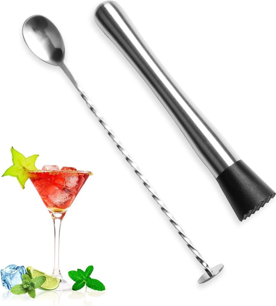 Cocktailset Martello Da Cocktail E Cucchiaio Da Bar In Acciaio Inossidabile - Set Di Strumenti Da Bar Per Barista Mixer Pestello - 21 cm E 26 cm