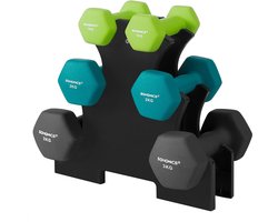 foto van SONGMICS Halterset, 3 paar, 2 x 1 kg, 2 x 2 kg, 2 x 3 kg, opbergstandaard, sportkamer, krachttraining, antislip neopreen coating