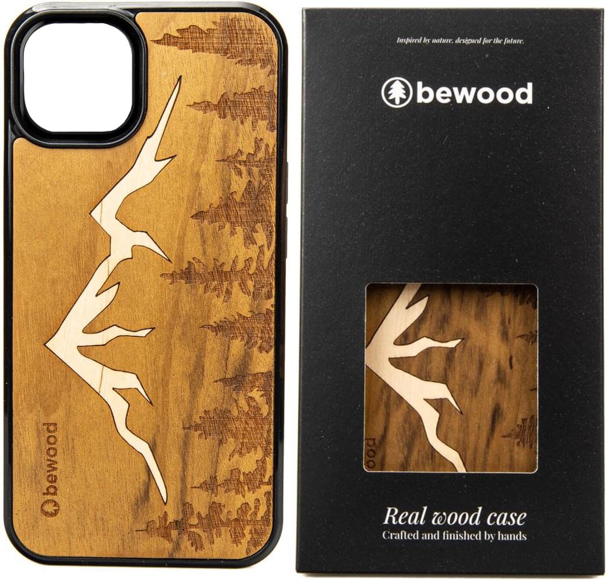 Bewood Wooden Echt Houten Back Cover voor Apple iPhone 15 - Imbuia Mountains