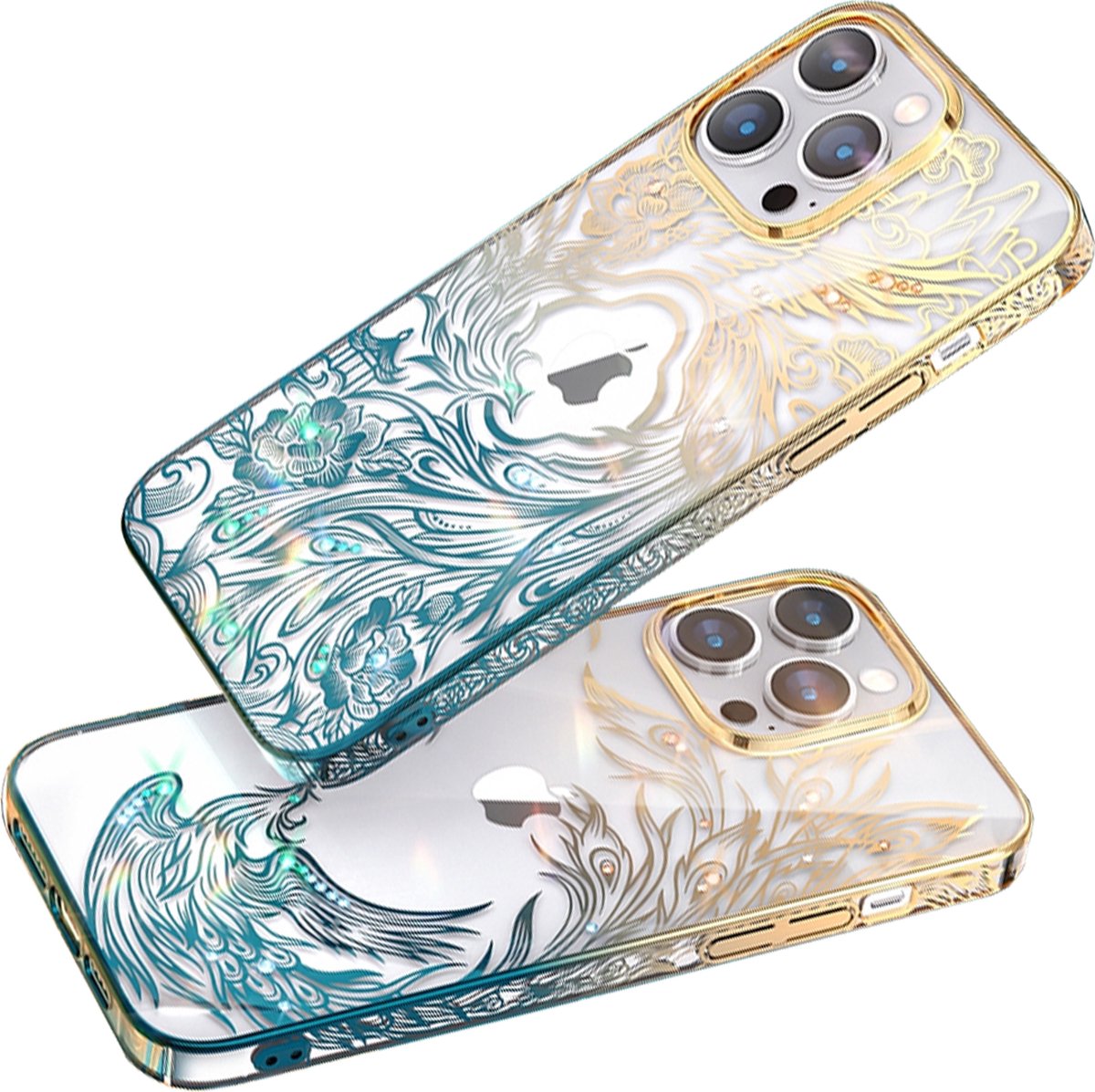 Luxe - iPhone - - 14 - Plus - hoesje - met - Kingxbar - Phoenix - kristallen - goud - en - blauw