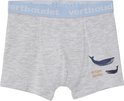 Boxer garçon gris clair avec imprimé baleine bleu marine et texte "OCEANS KEEPERS". Ceinture bleu clair avec logo "vertbaudet".