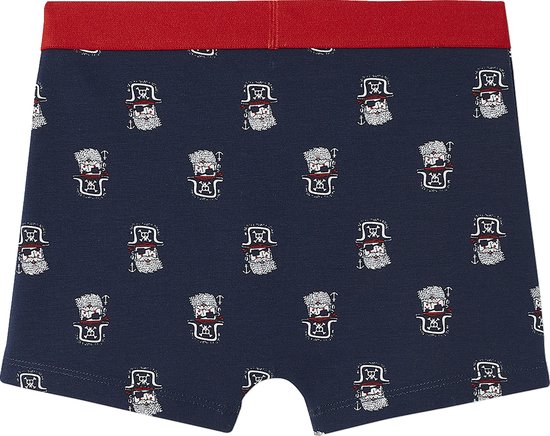 Donkerblauwe boxers met rode band en een patroon van piraten met hoeden en baarden.
