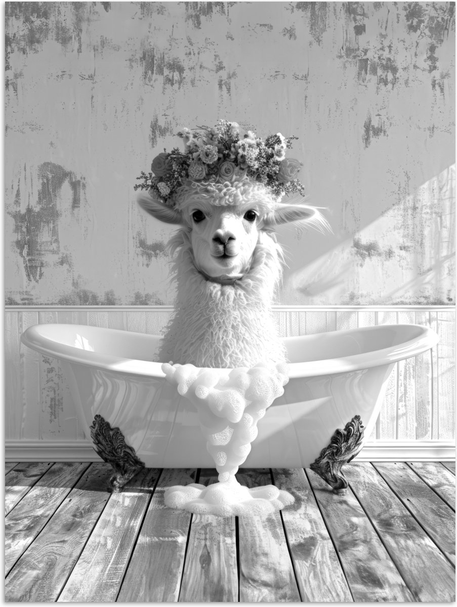 Poster 60x80 cm - Alpaca - Bloemen - Dier - Bad - Zwart - Wit - Posters - Wanddecoratie ba