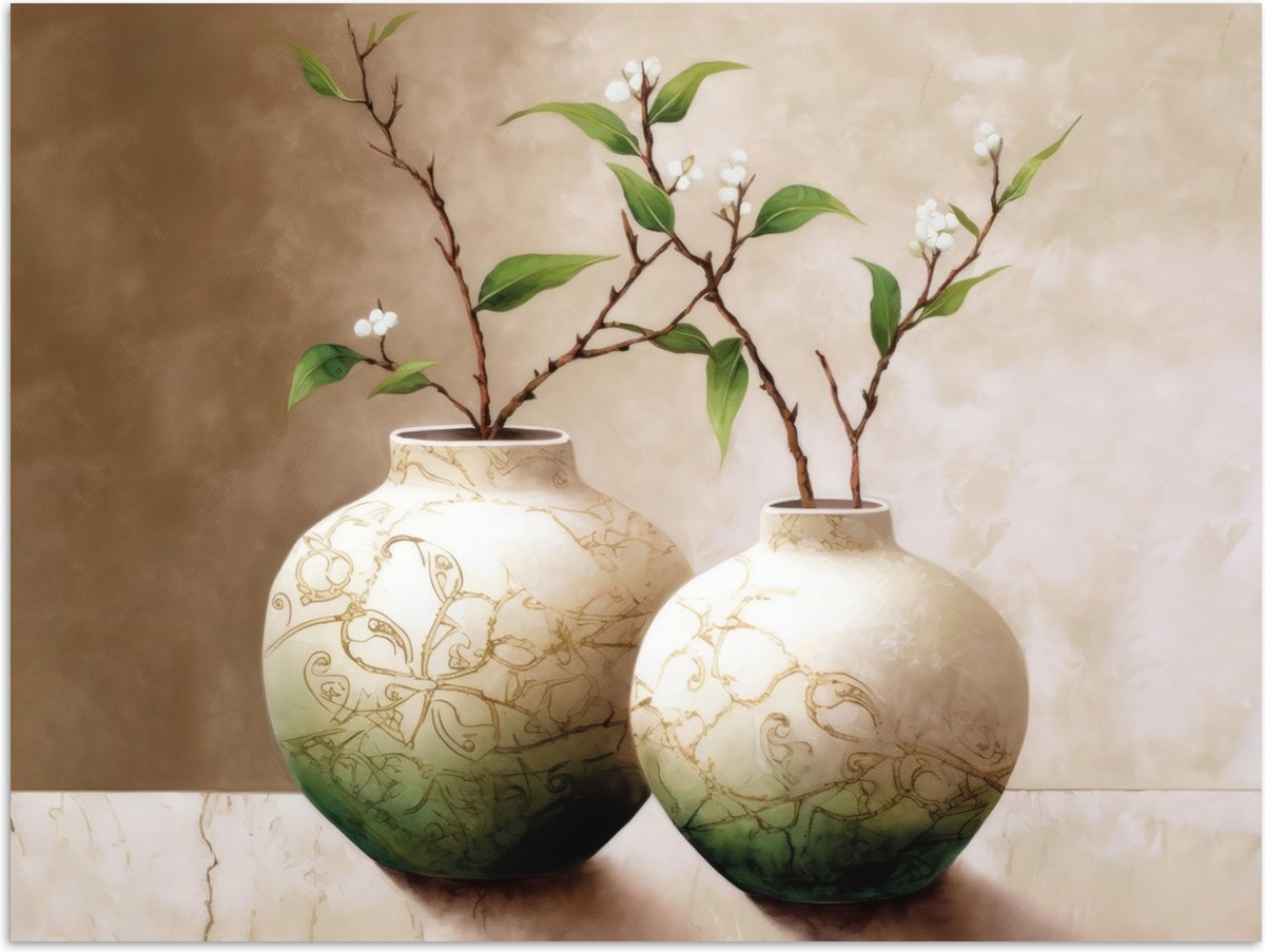 Poster 40x30 cm - Bloemen - Vaas - Wit - Botanisch - Beige - Posters - Wanddecoratie badka