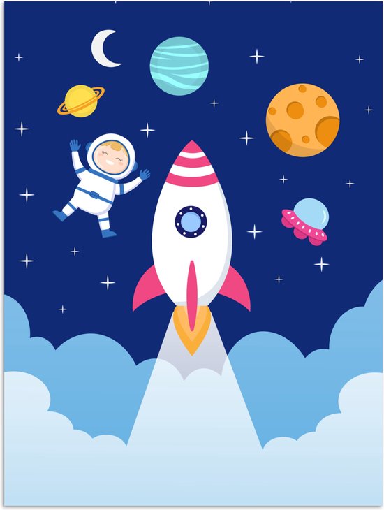 Poster 60x80 cm - Raket - Ruimte - Astronaut - Blauw - Jongens - Posters - Kamer decoratie accessoires - Wanddecoratie kinderkamer - Muurdecoratie babykamer