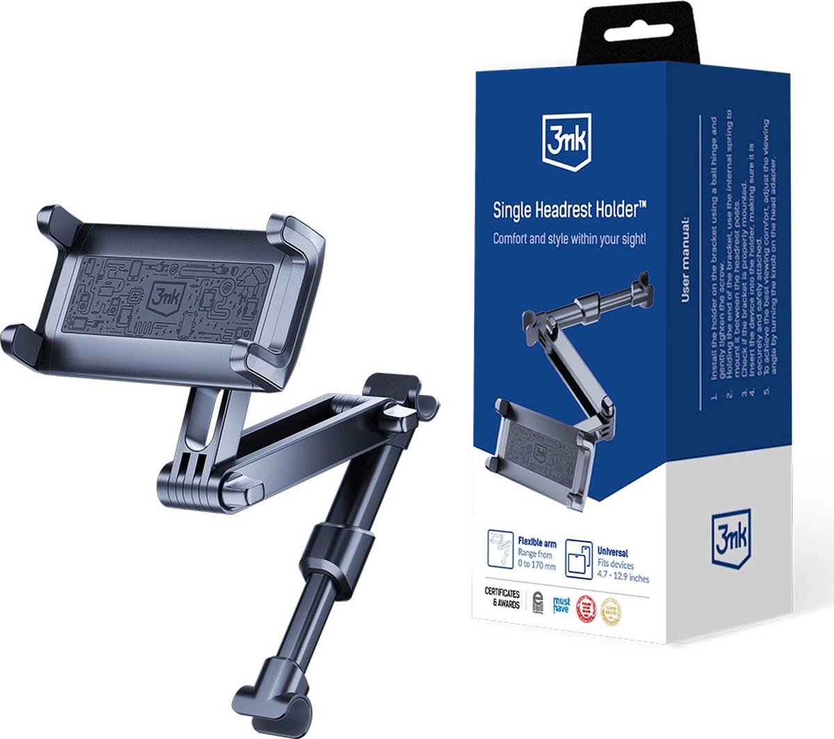 3mk - Enkele - Hoofdsteun Autotelefoonhouder voor een enkele hoofdsteun - zwart
