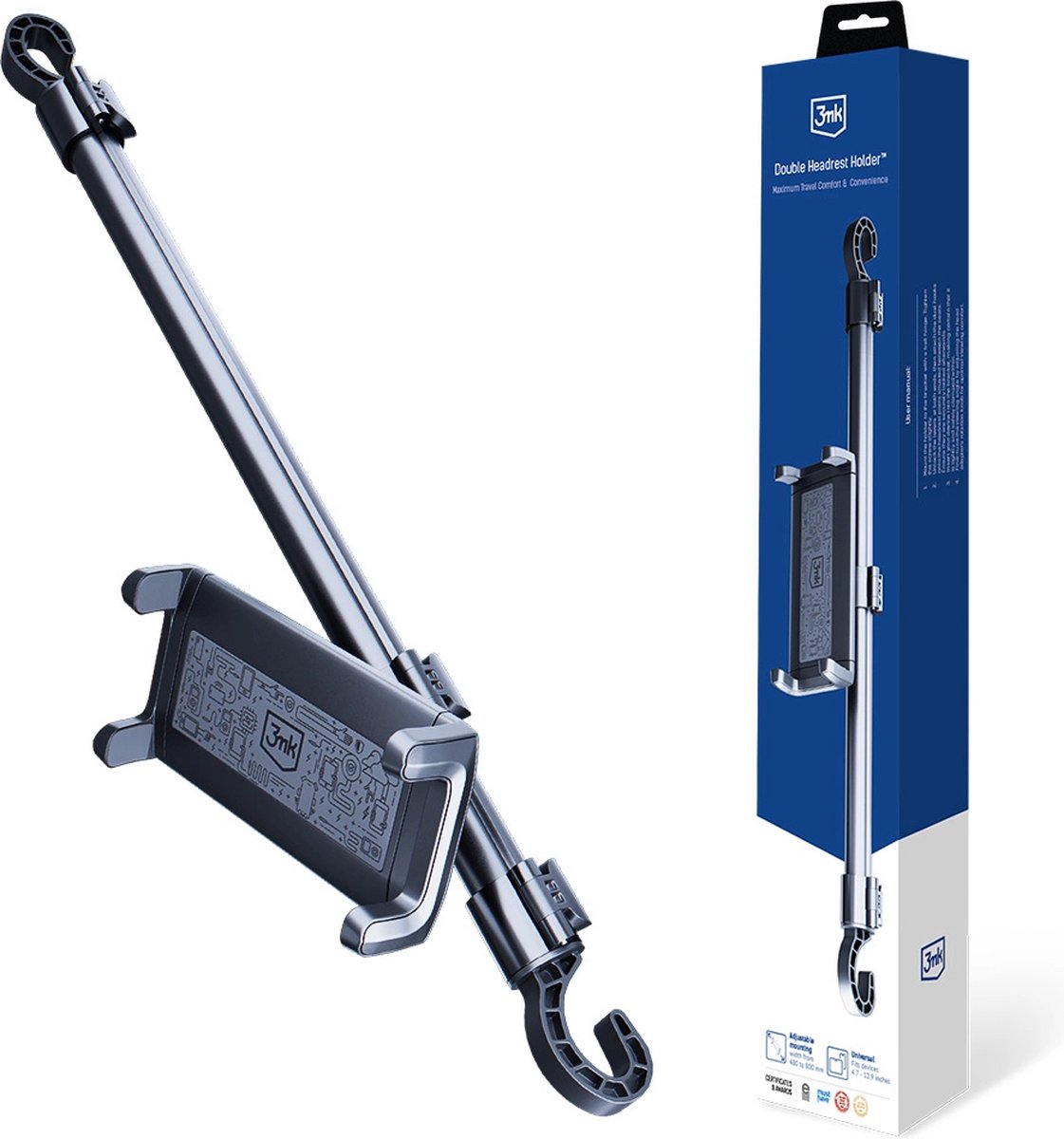 3mk - Dubbele - Hoofdsteunhouder voor in de auto voor een tablet of telefoon op de hoofdsteunen - zwart