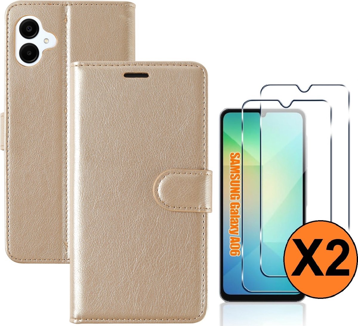 Hoesje geschikt voor Samsung Galaxy A06 hoesje bookcase Goud - Met screenprotector tempered glass voor Galaxy A06 4G - 2x