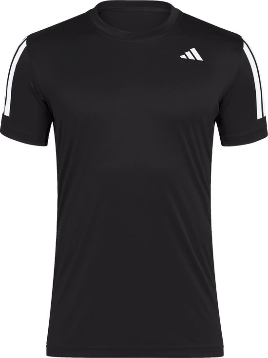 Zwart t-shirt met korte mouwen, ronde hals, witte strepen op de mouwen en een wit adidas logo op de borst.