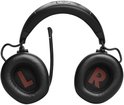 Zwarte JBL Quantum gaming headset van voren gezien, met rode L en R op de oorschelpen.