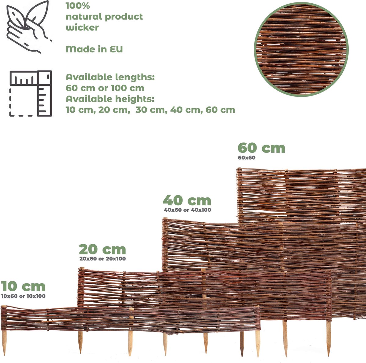 BOGATECO 5 x bedrand van wilgenhout 100 cm lang & 10 cm hoog Houten schutting gazonrand Wilgenhek insteekhekwerk