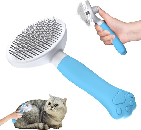 Zivacate Kattenborstel Hondenborstel [Ergonomisch Handvat & Reiniging met één Klik] Verzorgingsgereedschap voor Kortharige & Langharige Honden/Katten/Konijnen, Ontwolborstel(blauw)