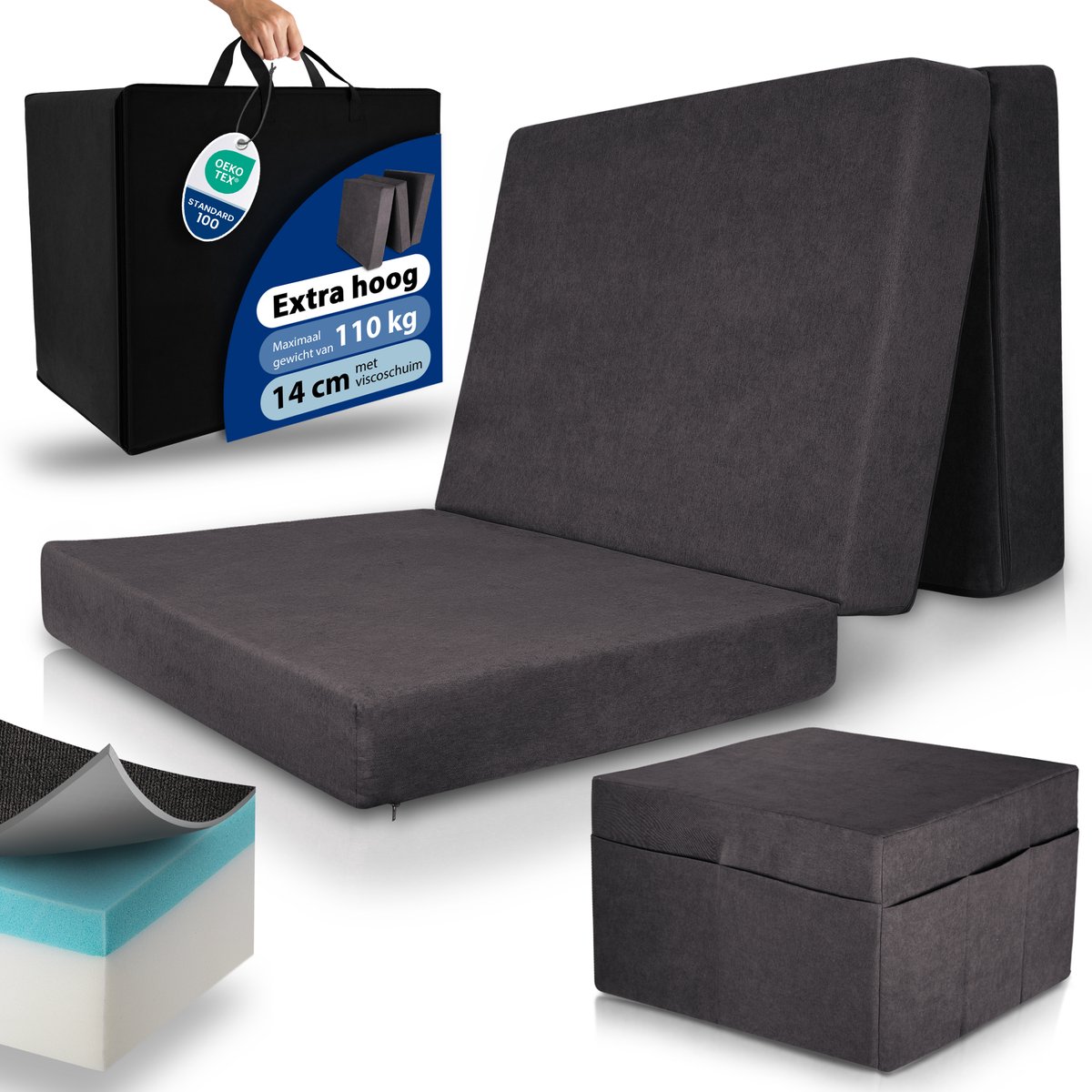 Beautissu VS95 Premium Opvouwbaar Matras XL 90x200 cm inkl. Hoes Extra Dik 14 cm Traagschuim Vouwmatras H3 Wasbar Eenvoudig Transport Antraciet