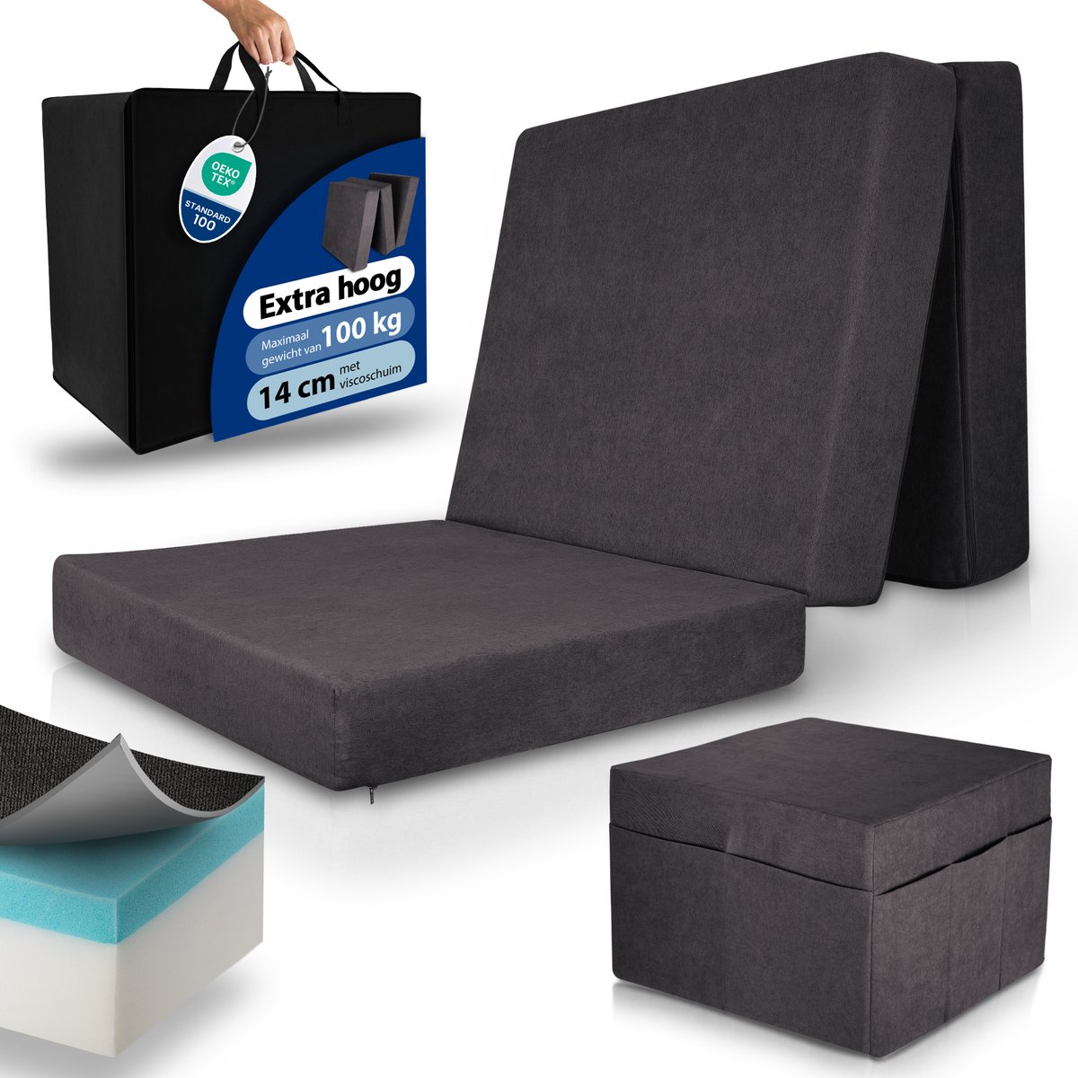 Beautissu VS95 – Premium Opvouwbaar Matras L 75x195 cm inkl. Hoes – Extra Dik 14 cm Traagschuim Vouwmatras H3 – Wasbar Eenvoudig – Transport – Antraciet