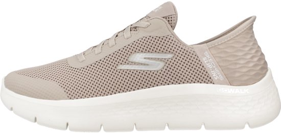 Zijaanzicht van een taupe Skechers Go Walk Flex instapper met mesh bovenwerk en crèmekleurige zool.