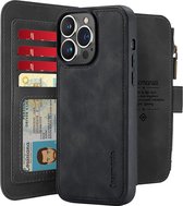 CaseMania Bookcase hoesje geschikt voor Apple iPhone 16 Pro Max - Effen Zwart - Kunstleer - Portemonnee met 14 Vakjes voor Pasjes en Ritsvak