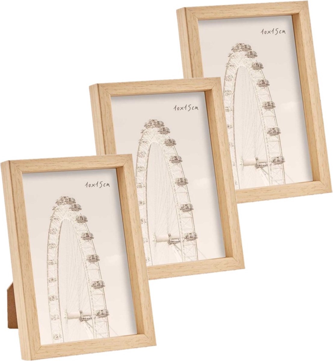 Arte r Fotolijst - 3x stuks - houtlook - kunststof/glas - 17 x 12 cm - voor foto van 10 x 15 cm - staand/hangend Camel bruin