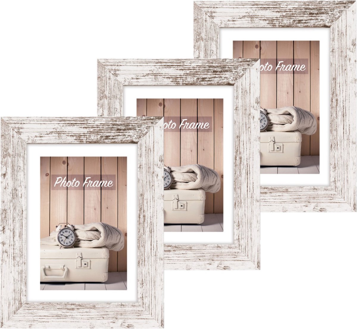 Zep Fotolijst - 3x stuks - white wash - 23 x 18 x 2 cm - hout - geschikt voor een foto van 13 x 18 cm - staand/hangend Wit