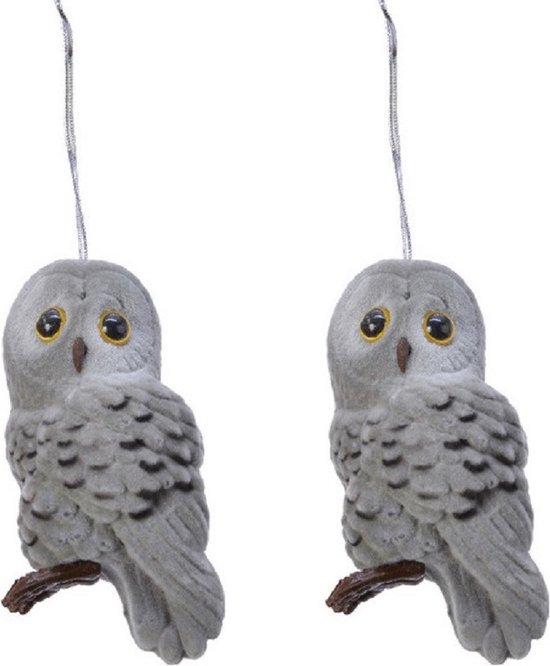 3x Kerstboomhangers grijze uilen 8 cm kerstversiering - Grijze kerstversiering/boomversiering - Kersthangers/kerstornamenten