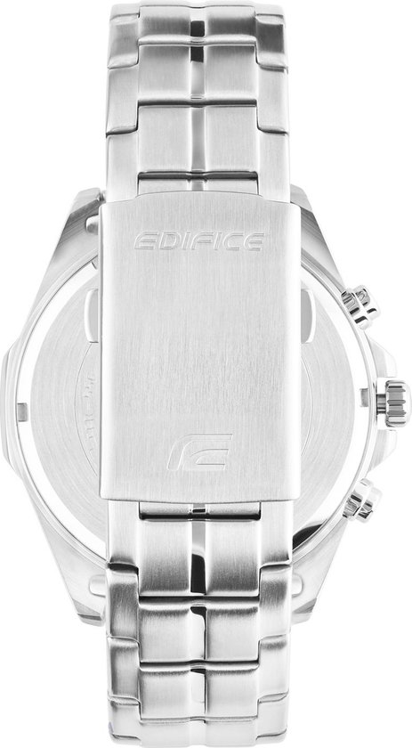 Zilverkleurige Edifice horlogeband met gesp en logo.