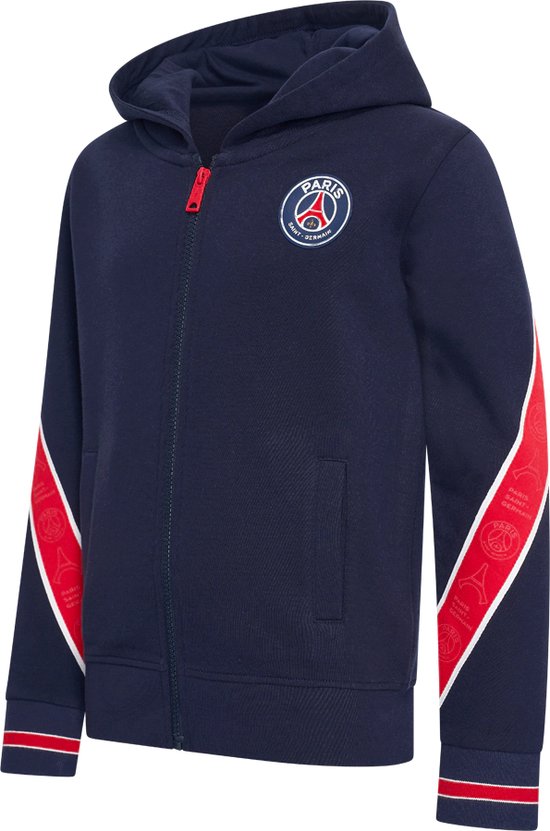 Sweat à capuche zippé bleu marine du Paris Saint-Germain, logo sur la poitrine et bandes rouges/blanches sur les manches.