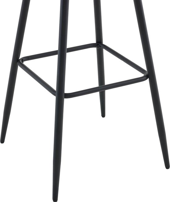 Zwart metalen frame van een barkruk met vierkante voetsteun en taps toelopende poten.
