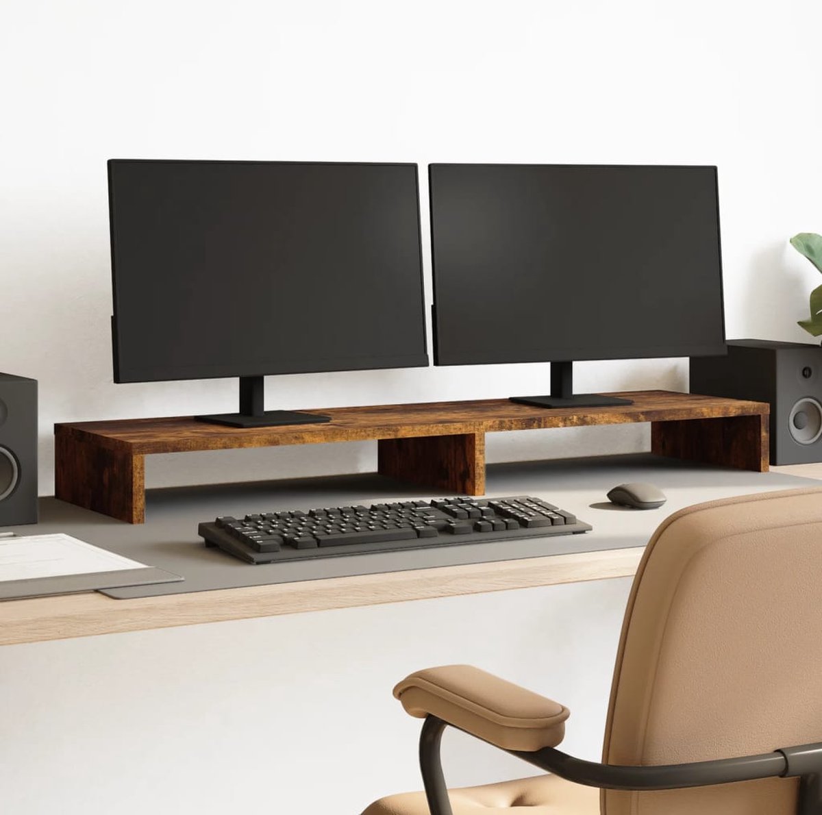 vidaXL - Monitorstandaard - 100x27x10 - cm - bewerkt - hout - gerookt - eikenkleurig