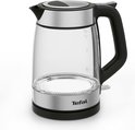 Transparante glazen waterkoker met zilverkleurige accenten en zwart handvat. Merk: Tefal.