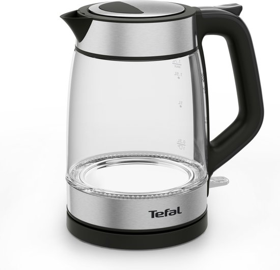 Transparante glazen waterkoker met zilverkleurige accenten en zwart handvat. Merk: Tefal.