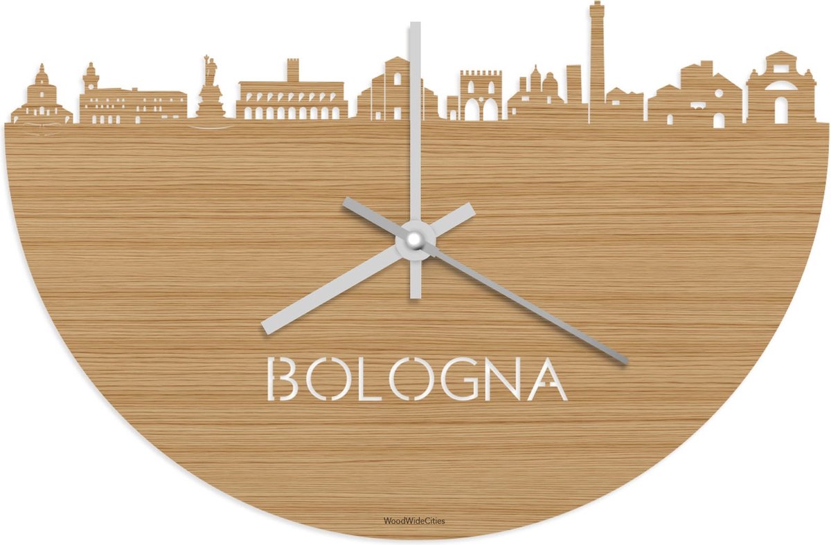 Skyline Klok Bologna Bamboe hout - Ø 40 cm - Stil uurwerk - Wanddecoratie - Meer steden beschikbaar - Woonkamer idee - Woondecoratie - City Art - Steden kunst - Cadeau voor hem - Cadeau voor haar - Jubileum - Trouwerij - Housewarming - WoodWideCities