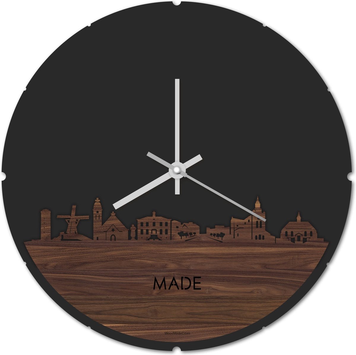 Skyline Klok Rond Made Notenhout - Ø 44 cm - Stil uurwerk - Wanddecoratie - Meer steden beschikbaar - Woonkamer idee - Woondecoratie - City Art - Steden kunst - Cadeau voor hem - Cadeau voor haar - Jubileum - Trouwerij - Housewarming - WoodWideCities