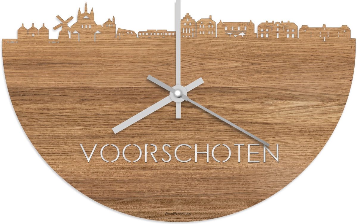 Skyline Klok Voorschoten Eikenhout - Ø 40 cm - Stil uurwerk - Wanddecoratie - Meer steden beschikbaar - Woonkamer idee - Woondecoratie - City Art - Steden kunst - Cadeau voor hem - Cadeau voor haar - Jubileum - Trouwerij - Housewarming -