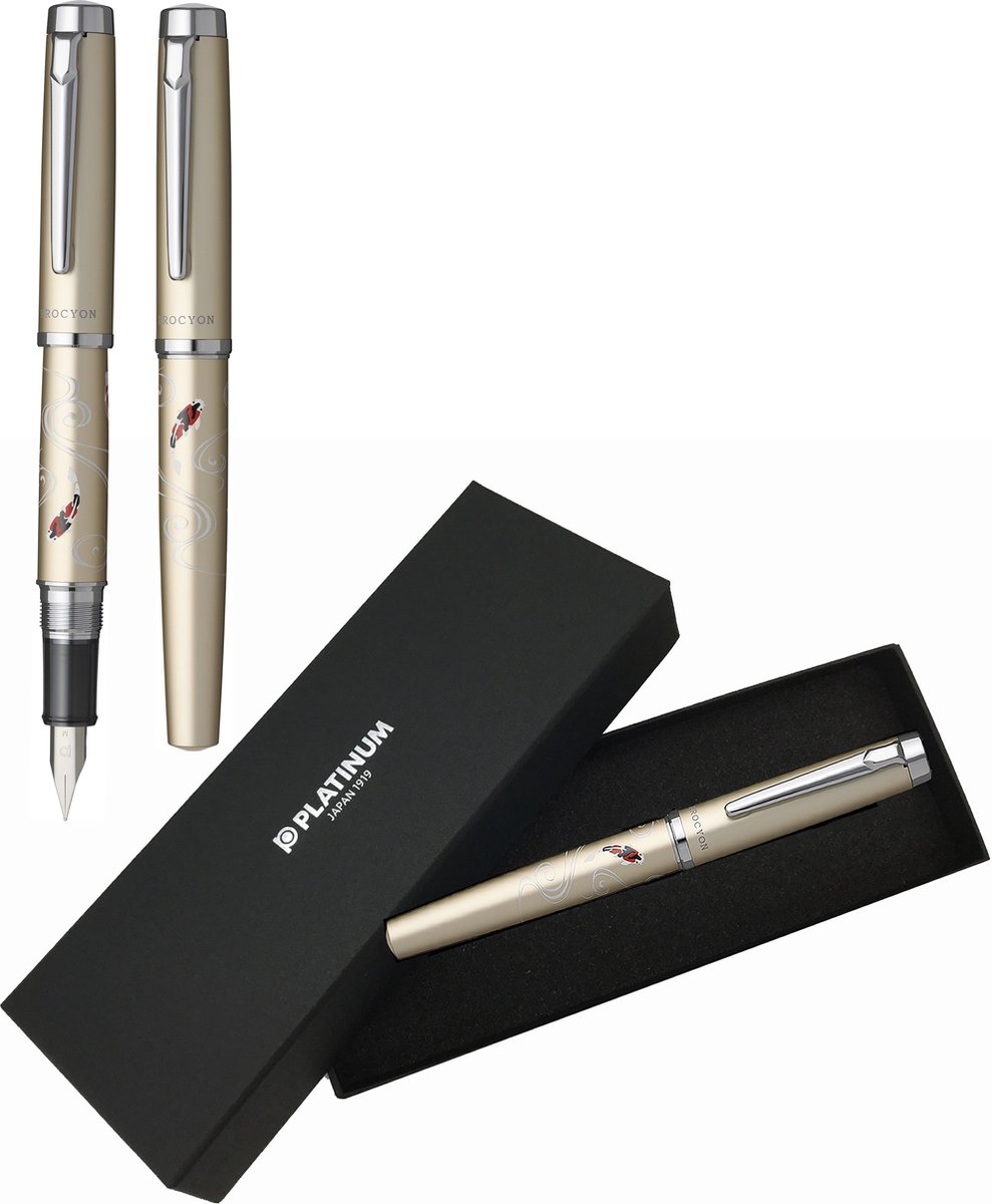 Platinum - Procyon Luster - Maki-E - Nishikigoi - Champange Gold - Fountain Pen - in giftbox - Penpunt: Fine - modern Japans ontwerp - Slip & Seal Mechanisme