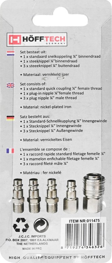 Achterkant van Hofftech pneumatische accessoire set verpakking met specificaties.
